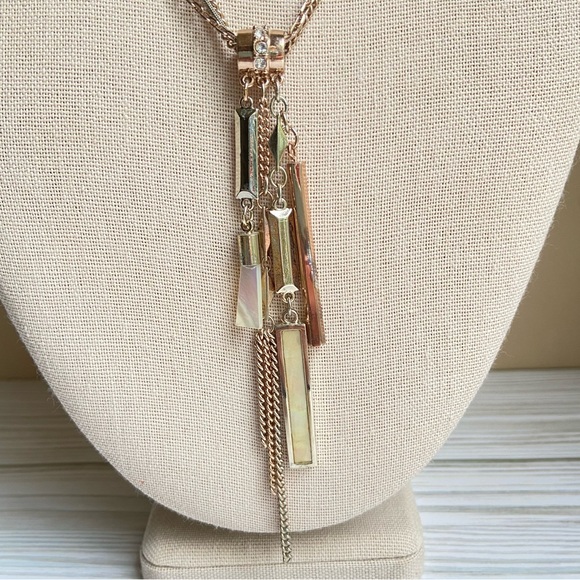 White House Black Market two tone triple chain mother of pearl tassel necklace - Picture 4 of 10